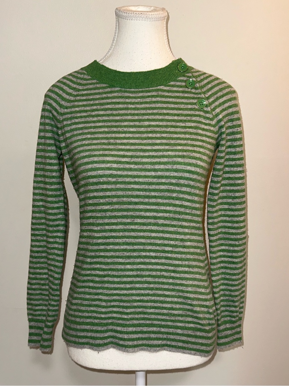 Banana Republic Green and Light Gray Striped Knit Sweater with Shoulder Buttons